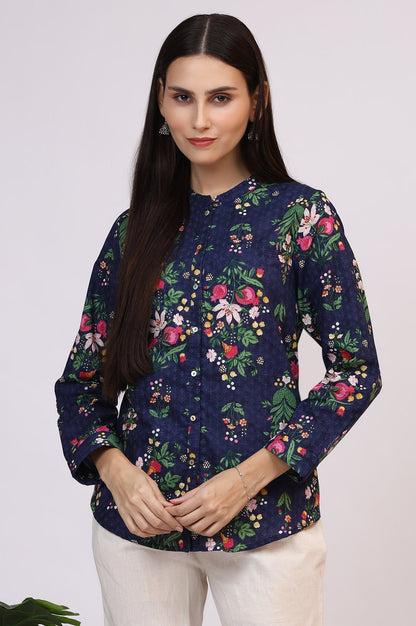 W for Woman Navy Blue Floral Printed Pure Cotton Ethnic Shirt