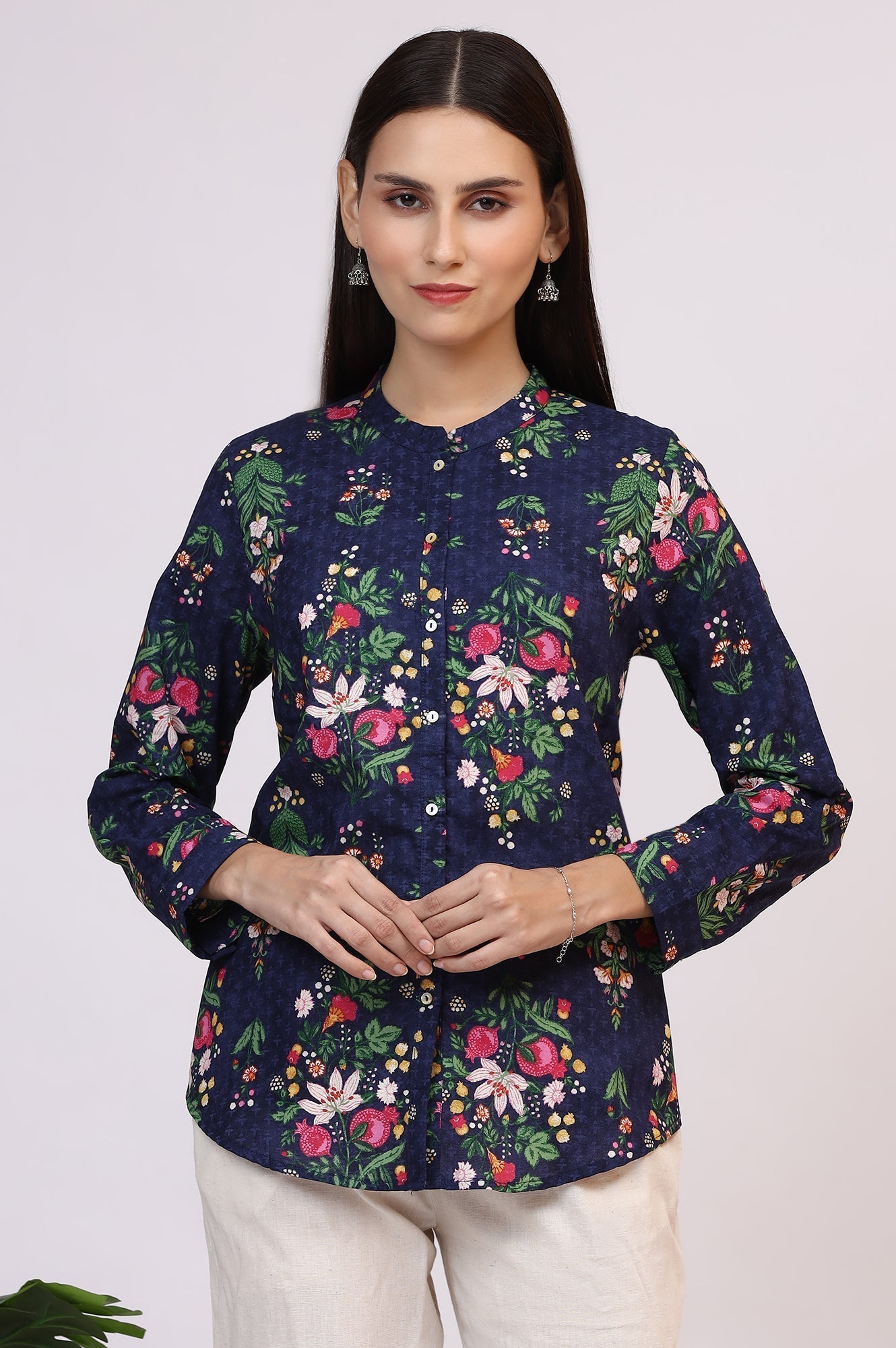 W for Woman Navy Blue Floral Printed Pure Cotton Ethnic Shirt