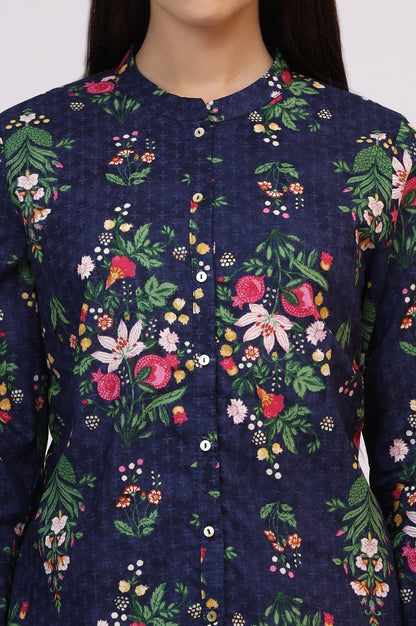 W for Woman Navy Blue Floral Printed Pure Cotton Ethnic Shirt
