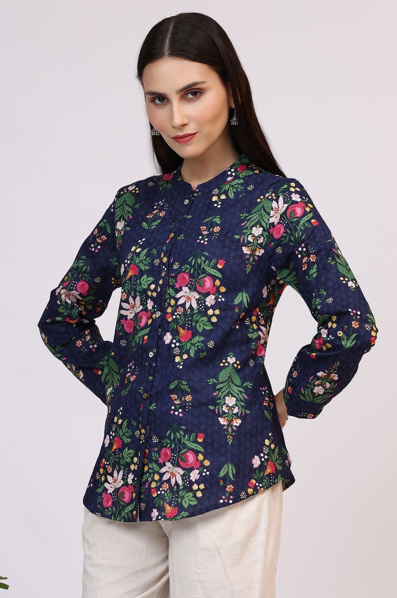 W for Woman Navy Blue Floral Printed Pure Cotton Ethnic Shirt