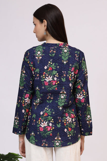 W for Woman Navy Blue Floral Printed Pure Cotton Ethnic Shirt
