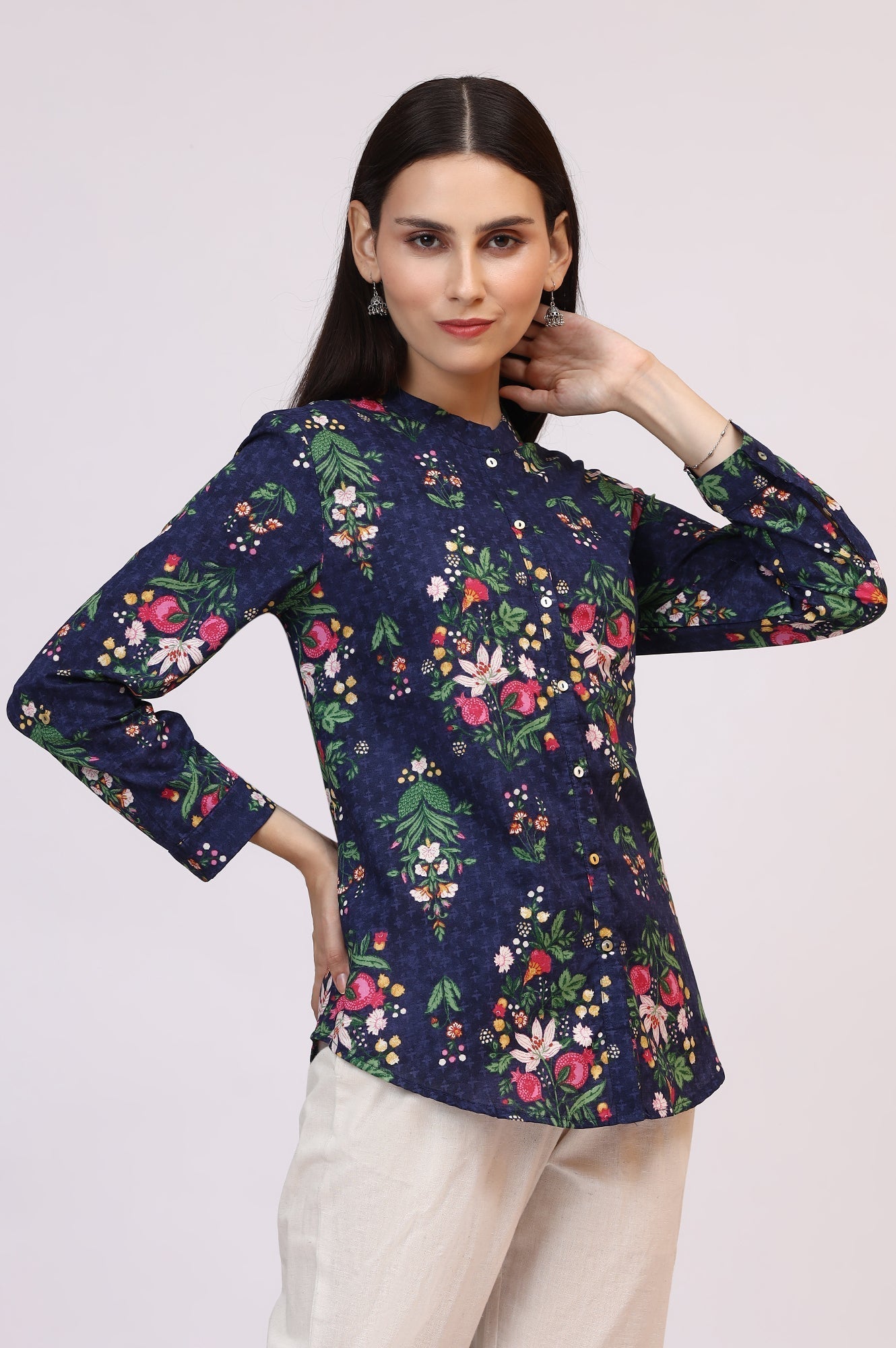 W for Woman Navy Blue Floral Printed Pure Cotton Ethnic Shirt
