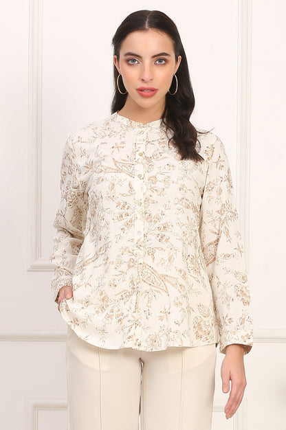 W for Woman White Floral Printed Dobby Mandarin Collar Top