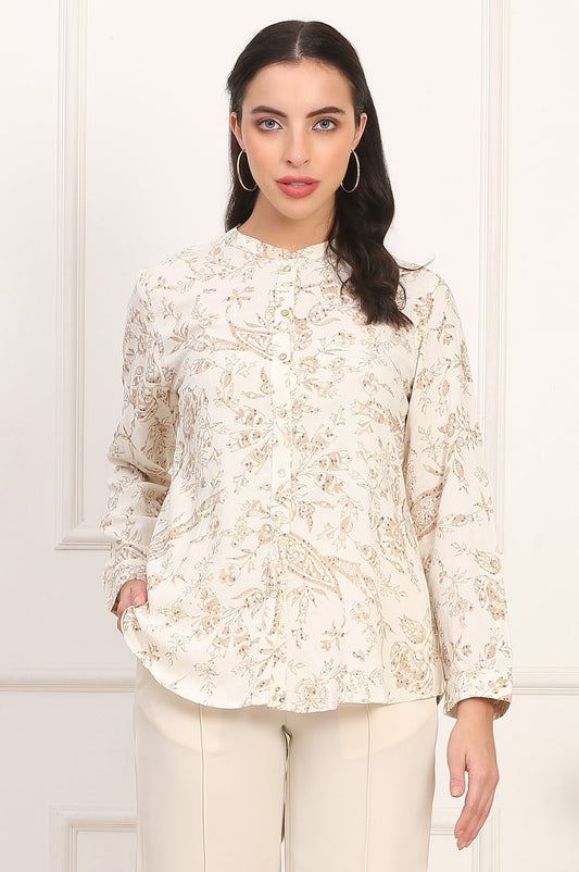 W for Woman White Floral Printed Dobby Mandarin Collar Top