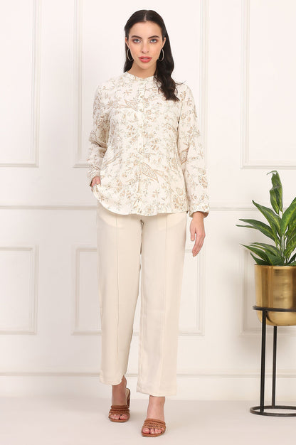 W for Woman White Floral Printed Dobby Mandarin Collar Top