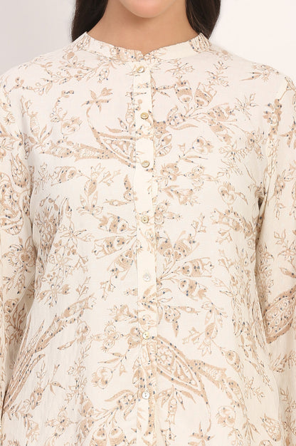 W for Woman White Floral Printed Dobby Mandarin Collar Top