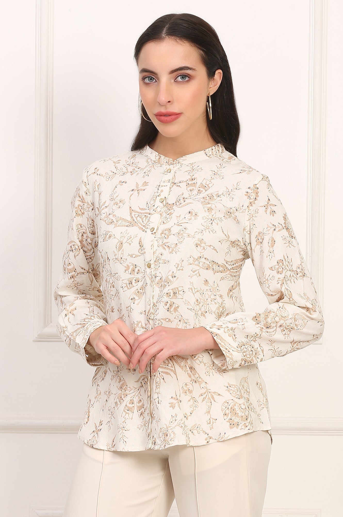 W for Woman White Floral Printed Dobby Mandarin Collar Top