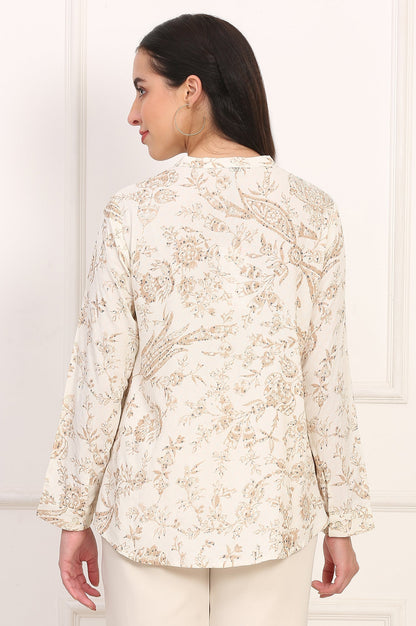 W for Woman White Floral Printed Dobby Mandarin Collar Top