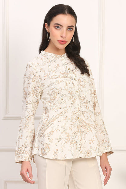 W for Woman White Floral Printed Dobby Mandarin Collar Top