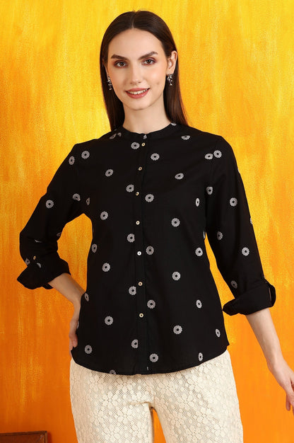 W for Woman Black Printed Pure Cotton Button Down Shirt