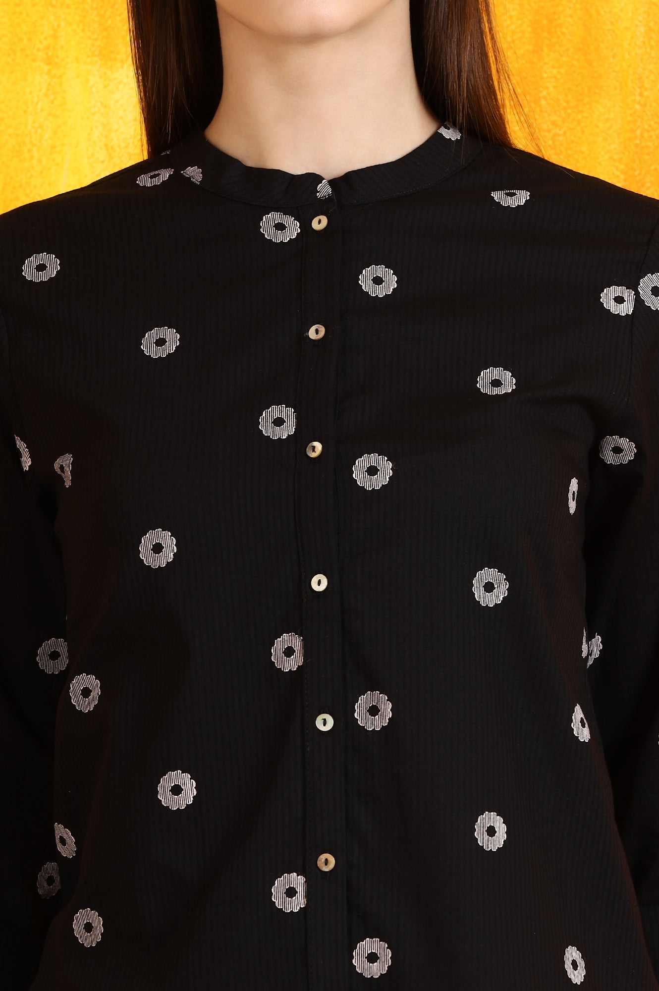 W for Woman Black Printed Pure Cotton Button Down Shirt
