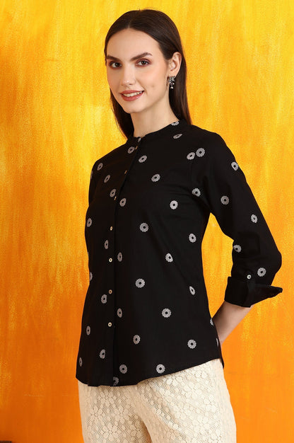 W for Woman Black Printed Pure Cotton Button Down Shirt