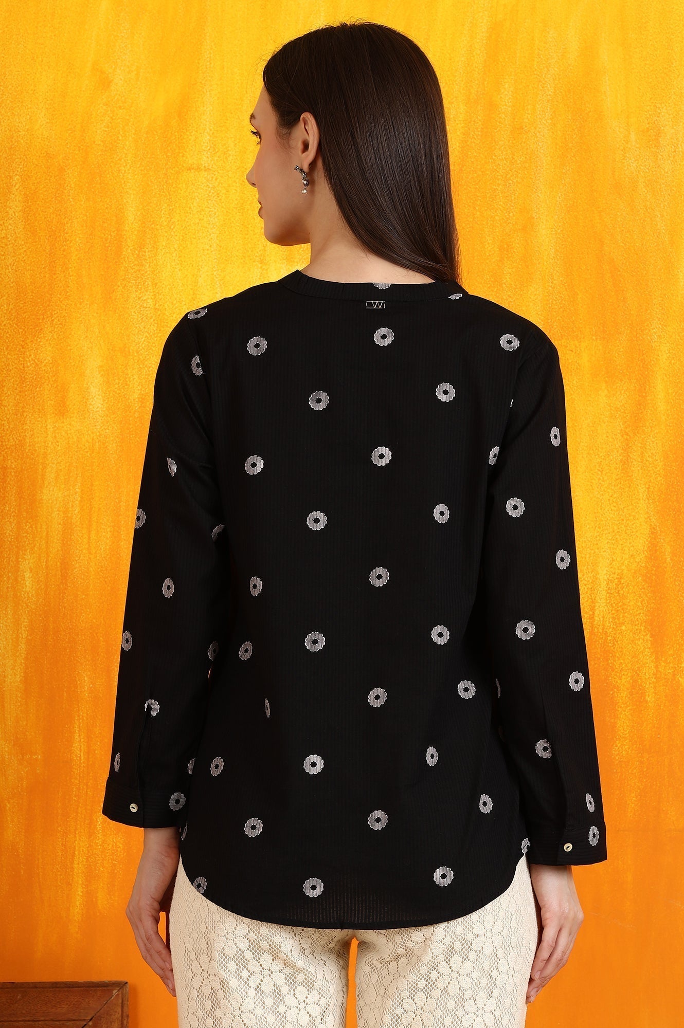 W for Woman Black Printed Pure Cotton Button Down Shirt