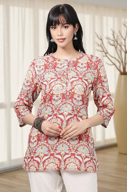 W for Woman Red Floral Printed Cotton Slub Short Kurti