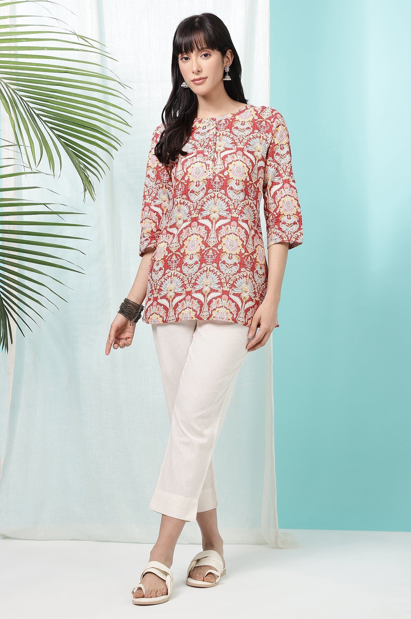 W for Woman Red Floral Printed Cotton Slub Short Kurti
