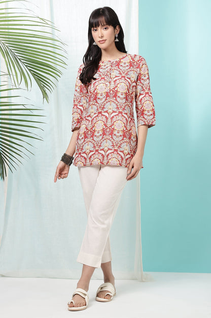 W for Woman Red Floral Printed Cotton Slub Short Kurti