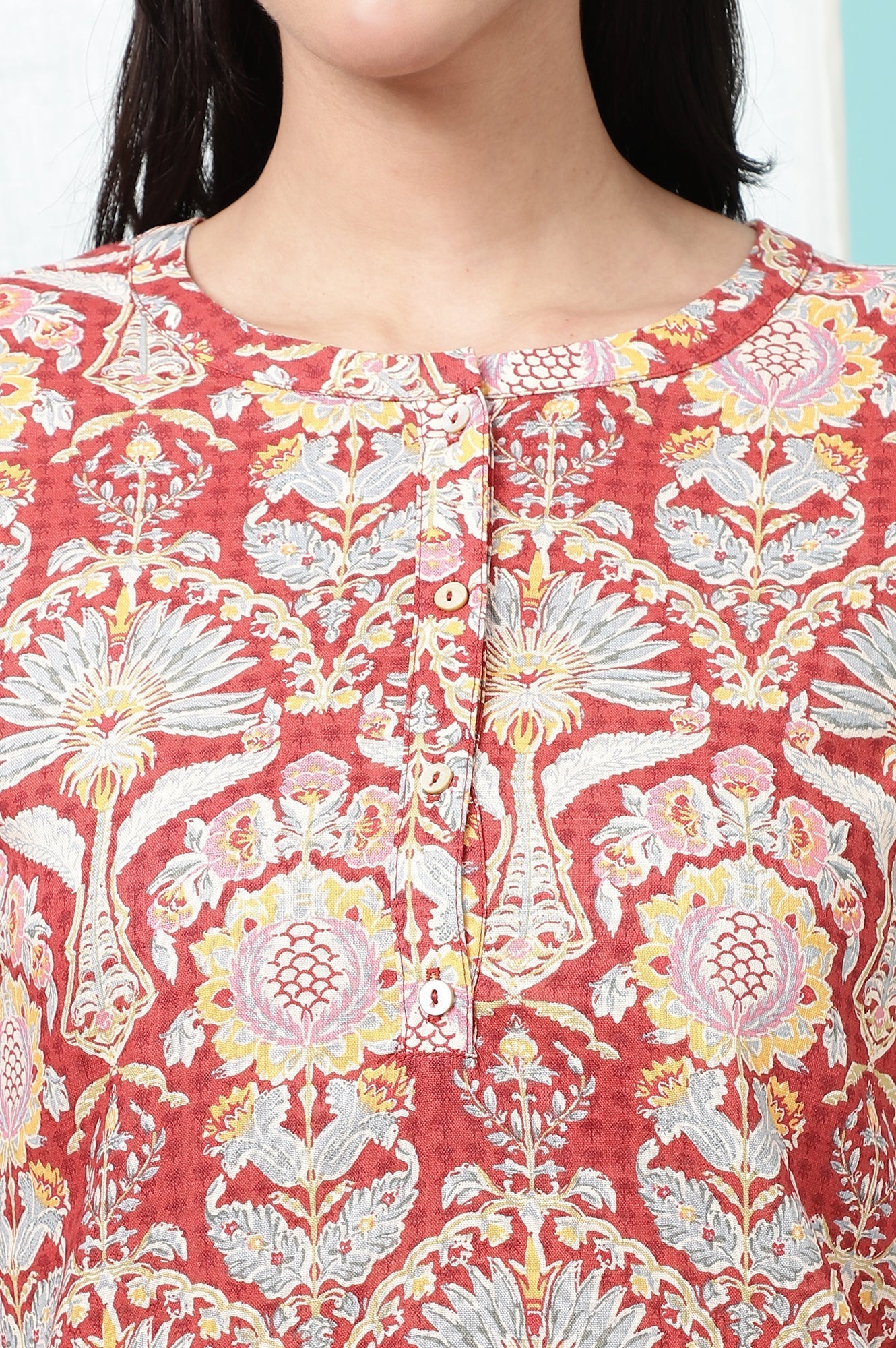 W for Woman Red Floral Printed Cotton Slub Short Kurti