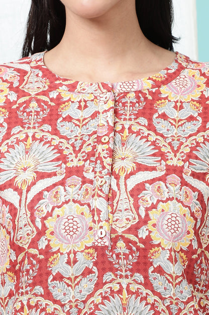W for Woman Red Floral Printed Cotton Slub Short Kurti