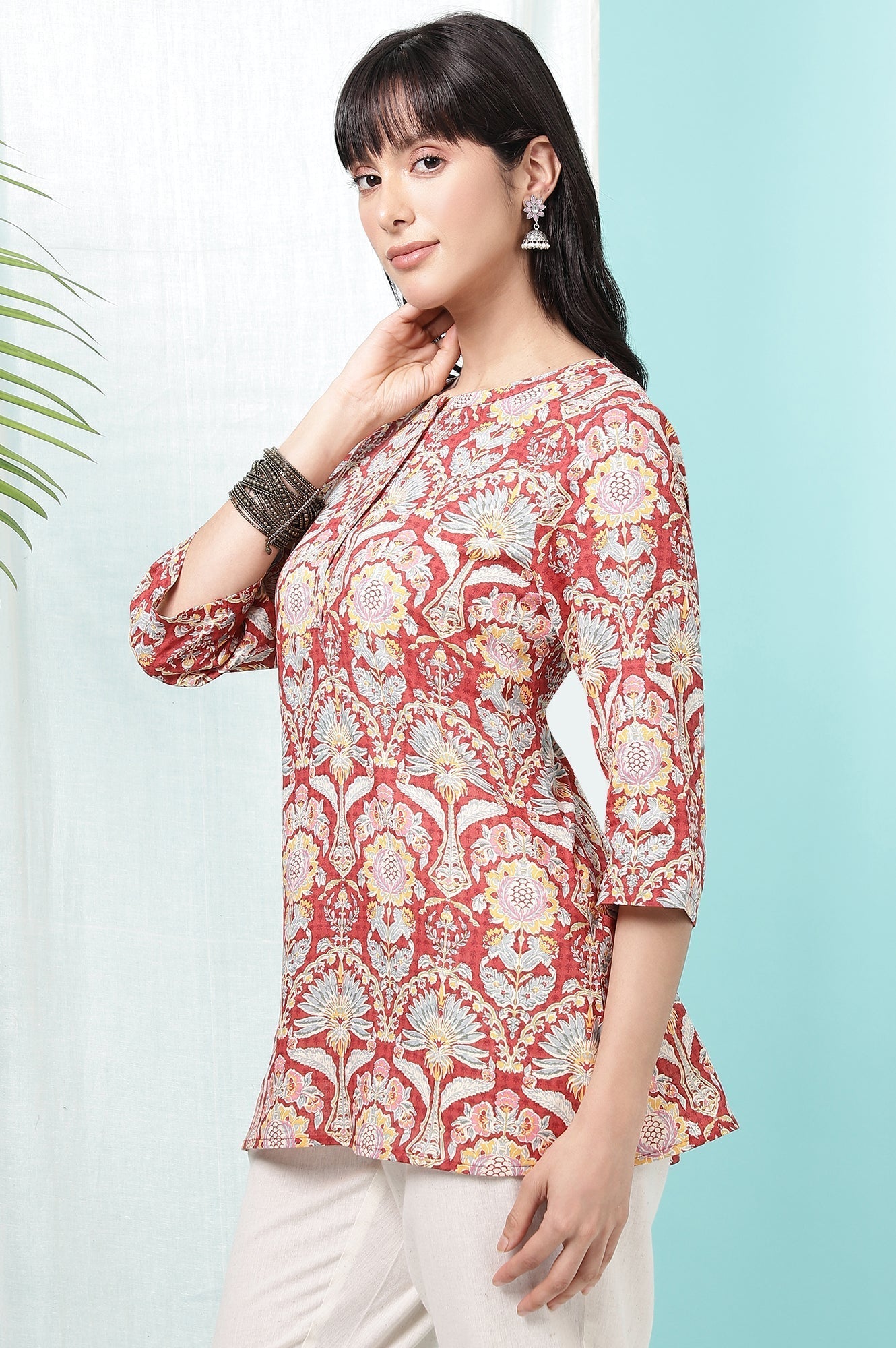 W for Woman Red Floral Printed Cotton Slub Short Kurti