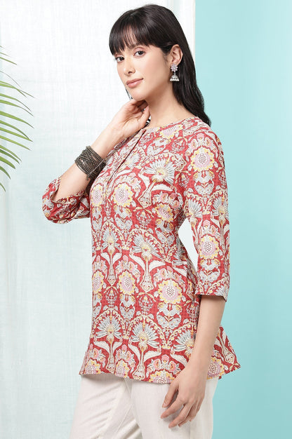W for Woman Red Floral Printed Cotton Slub Short Kurti