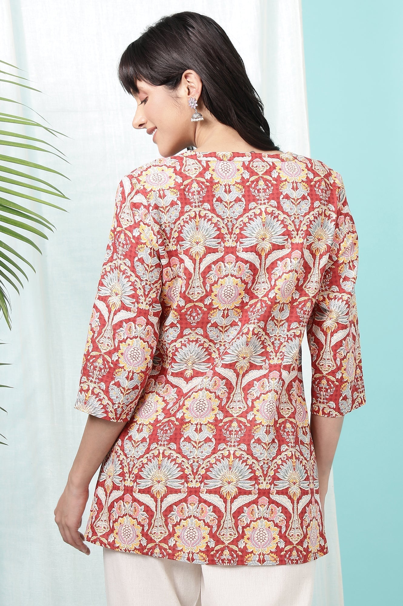 W for Woman Red Floral Printed Cotton Slub Short Kurti