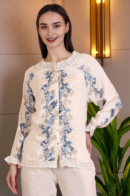 W for Woman Off-White Floral Printed Rayon Crepe Top with Lace