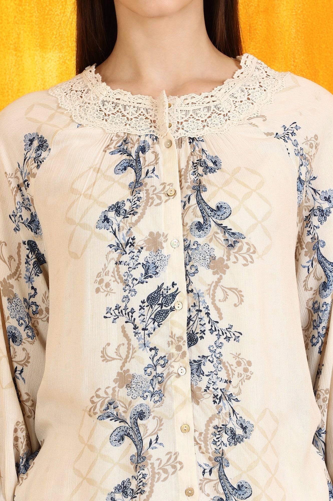 W for Woman Off-White Floral Printed Rayon Crepe Top with Lace
