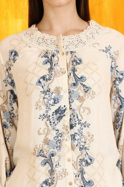 W for Woman Off-White Floral Printed Rayon Crepe Top with Lace