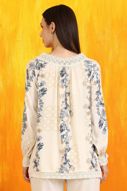 W for Woman Off-White Floral Printed Rayon Crepe Top with Lace