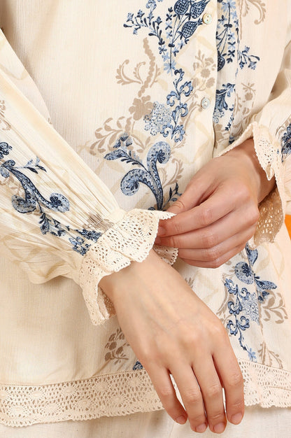 W for Woman Off-White Floral Printed Rayon Crepe Top with Lace