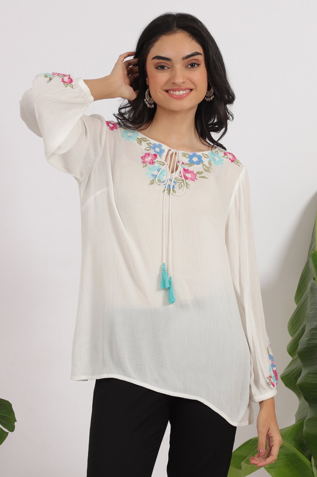 W for Woman White Embroidered Rayon Crepe Straight Top