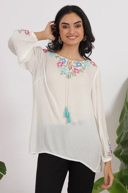 W for Woman White Embroidered Rayon Crepe Straight Top