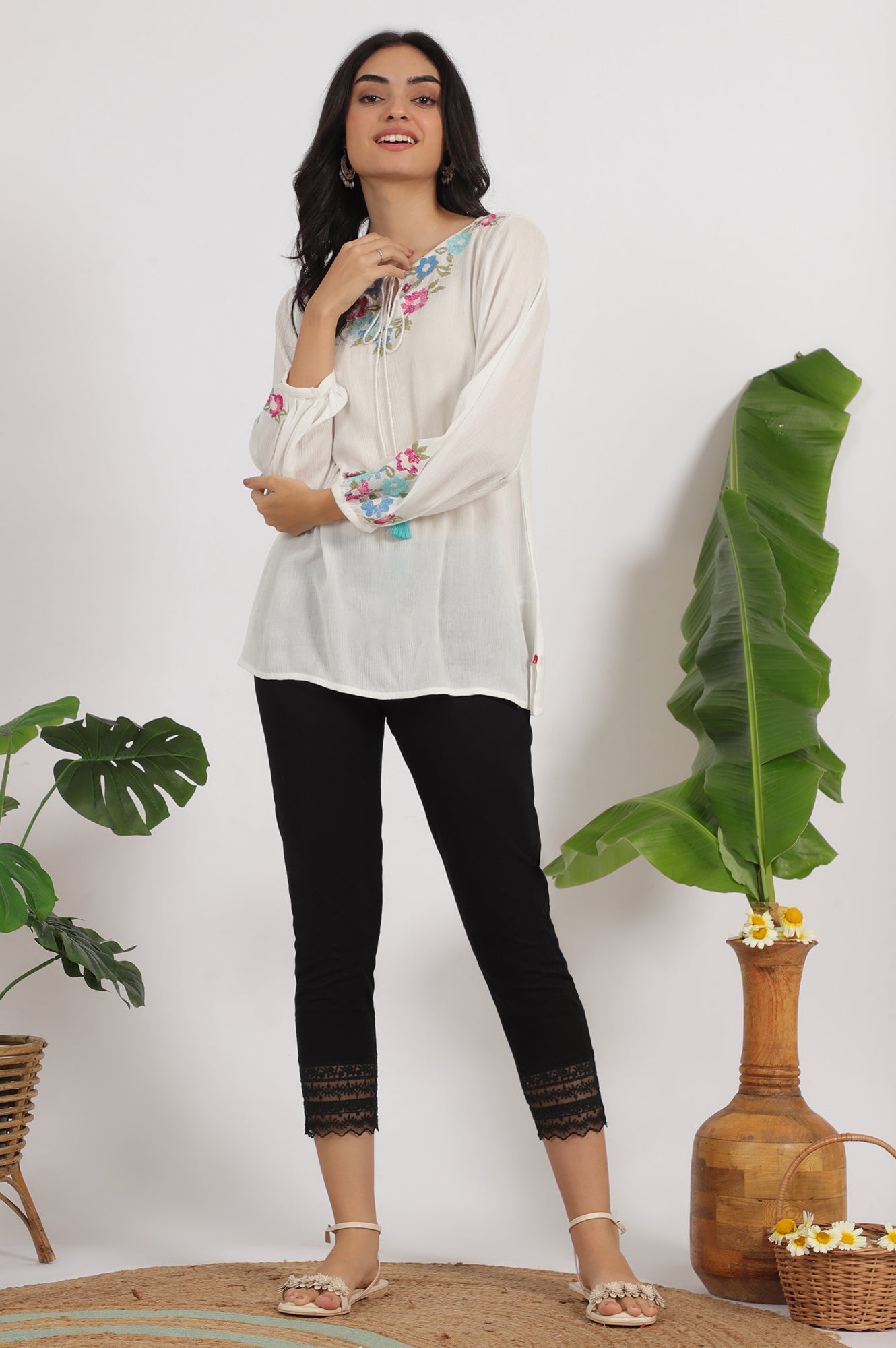 W for Woman White Embroidered Rayon Crepe Straight Top
