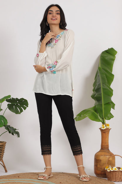 W for Woman White Embroidered Rayon Crepe Straight Top