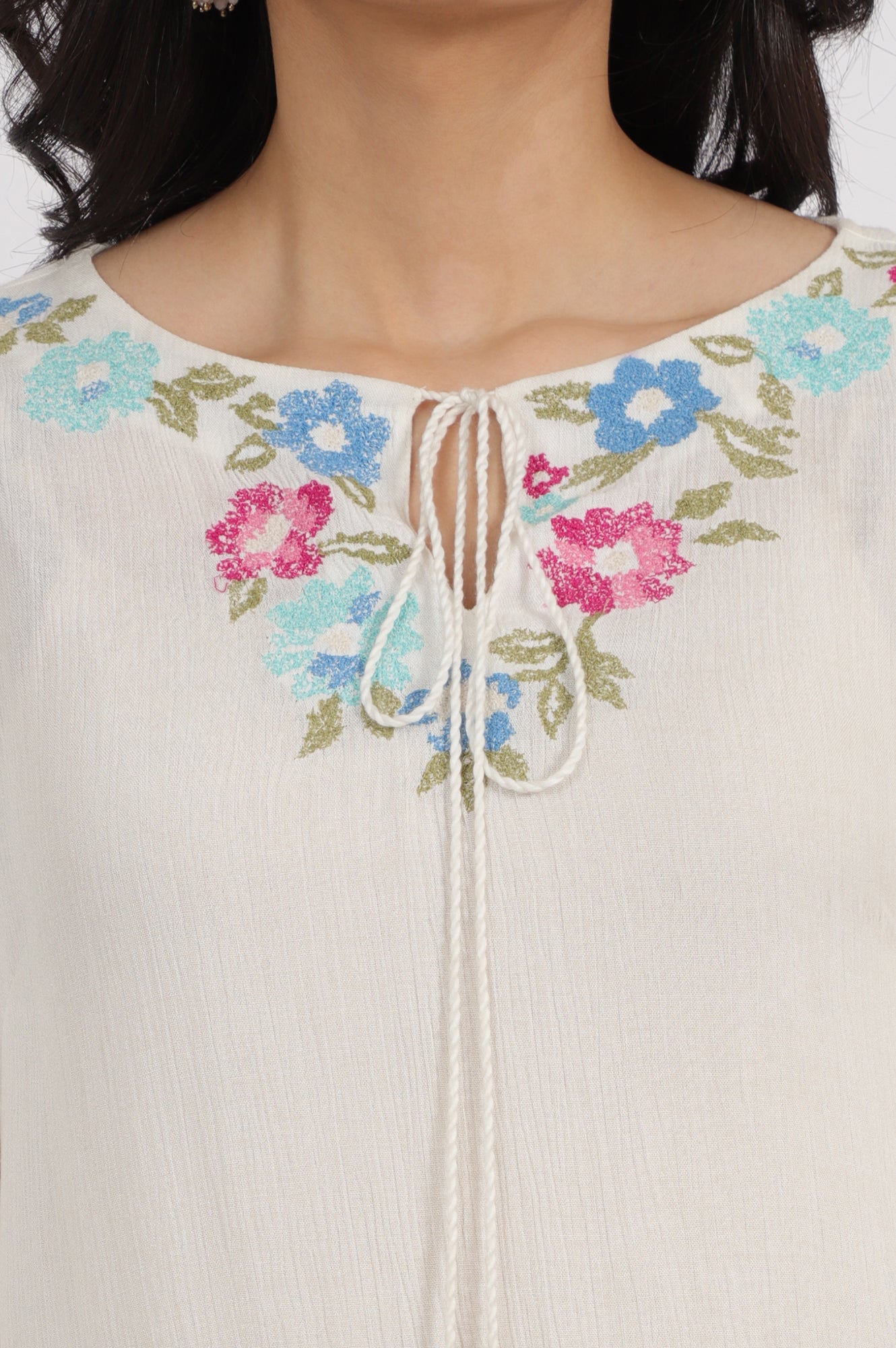W for Woman White Embroidered Rayon Crepe Straight Top