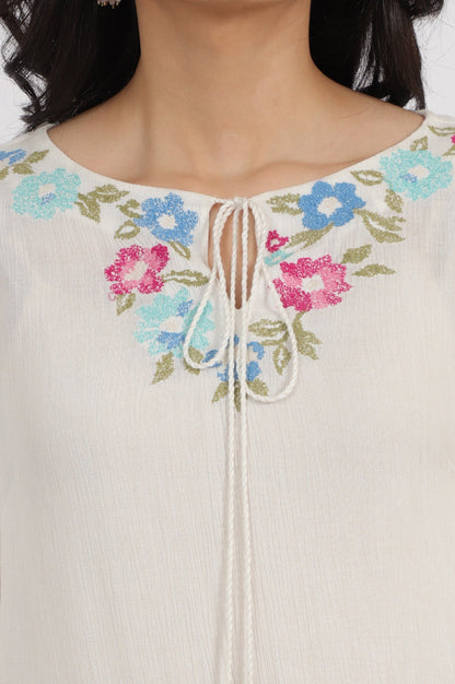 W for Woman White Embroidered Rayon Crepe Straight Top
