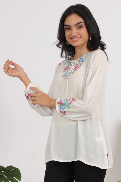 W for Woman White Embroidered Rayon Crepe Straight Top