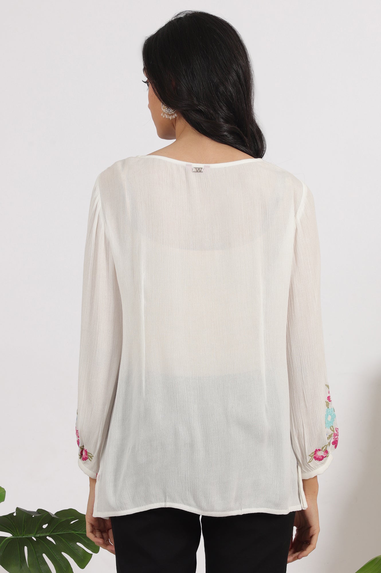 W for Woman White Embroidered Rayon Crepe Straight Top