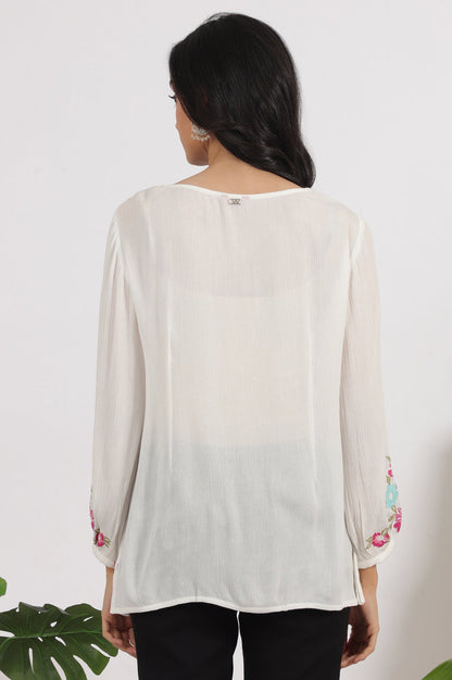 W for Woman White Embroidered Rayon Crepe Straight Top