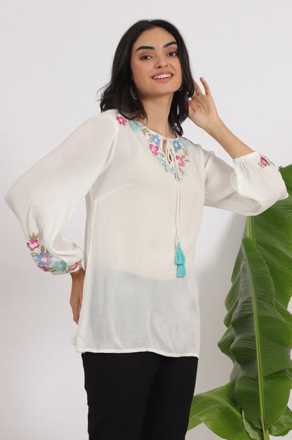 W for Woman White Embroidered Rayon Crepe Straight Top