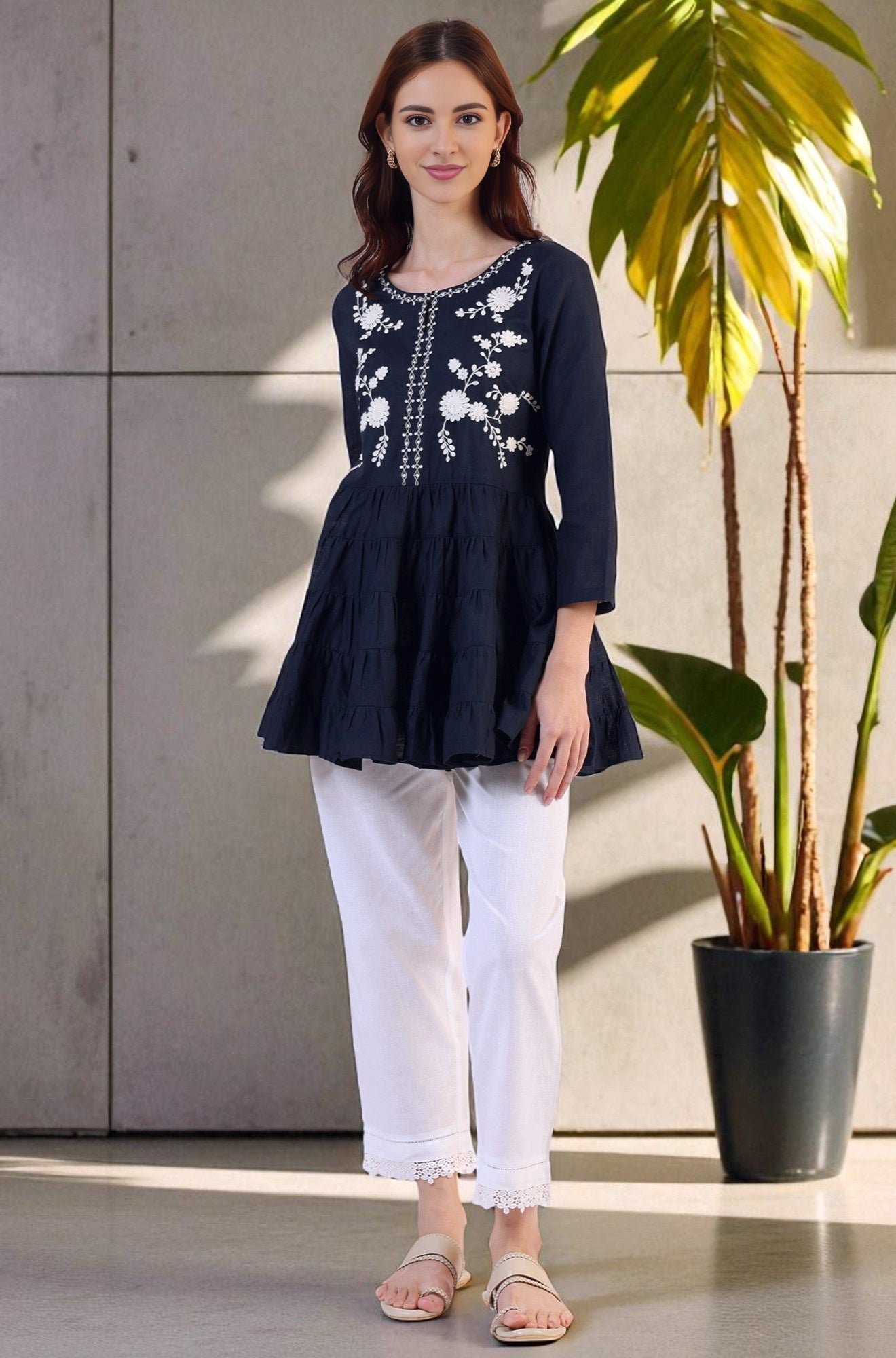 W for Woman Embroidered Flared Pure Cotton Top