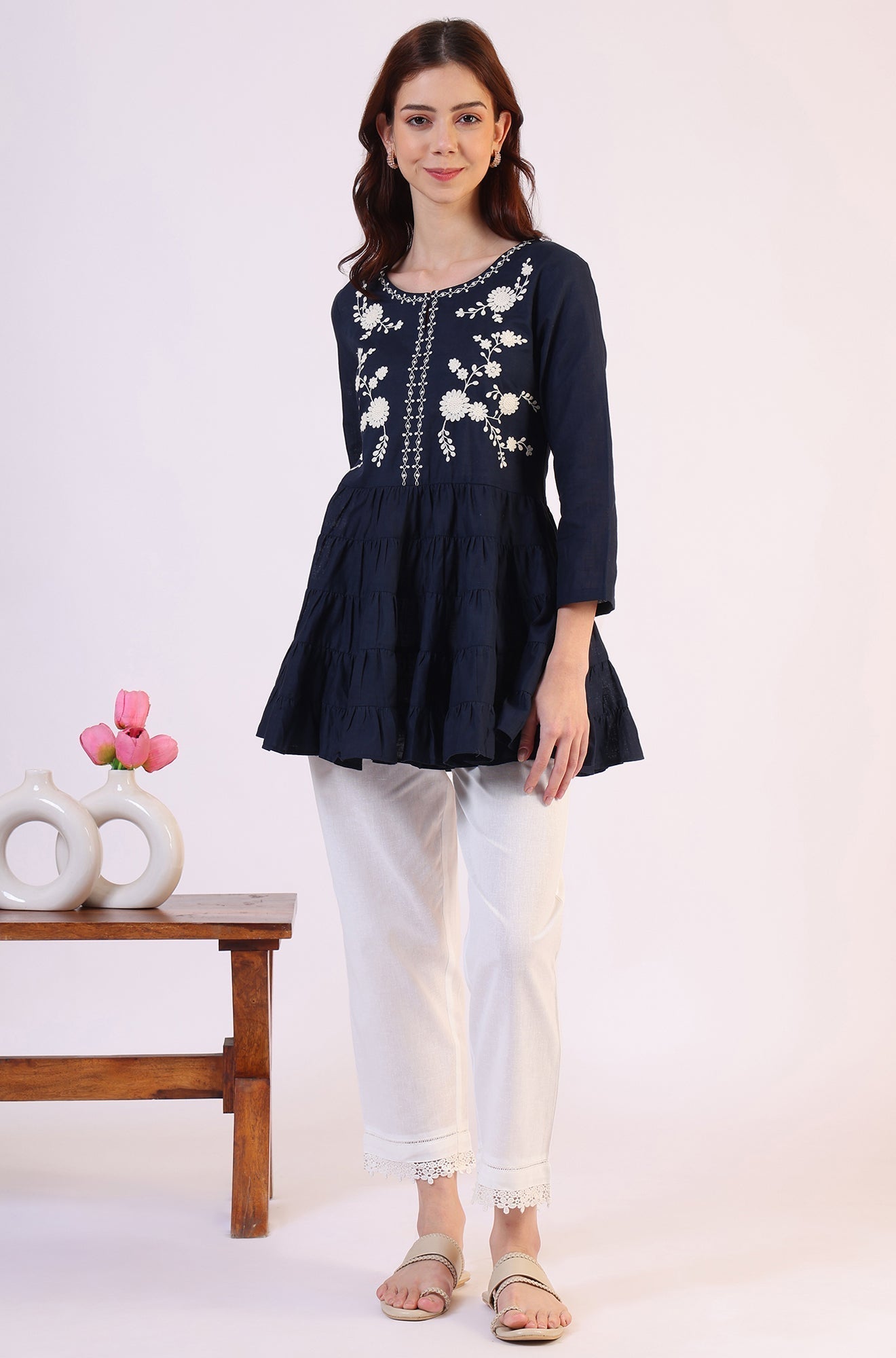 W for Woman Embroidered Flared Pure Cotton Top