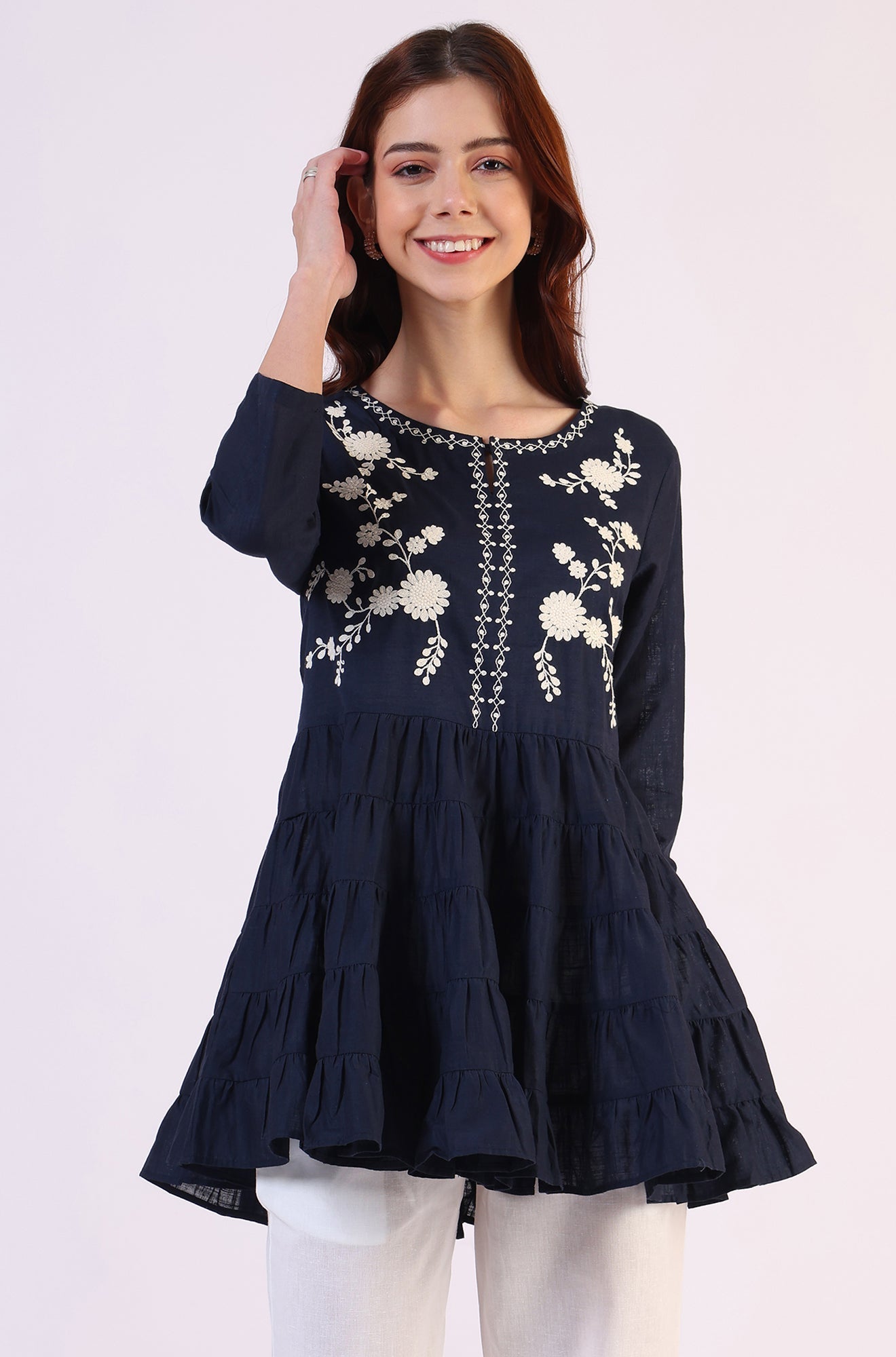 W for Woman Embroidered Flared Pure Cotton Top