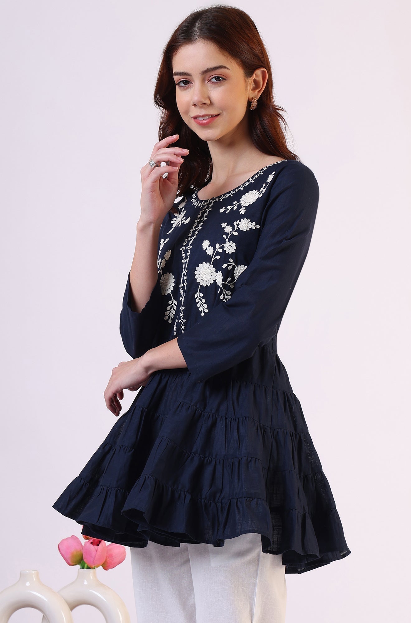 W for Woman Embroidered Flared Pure Cotton Top