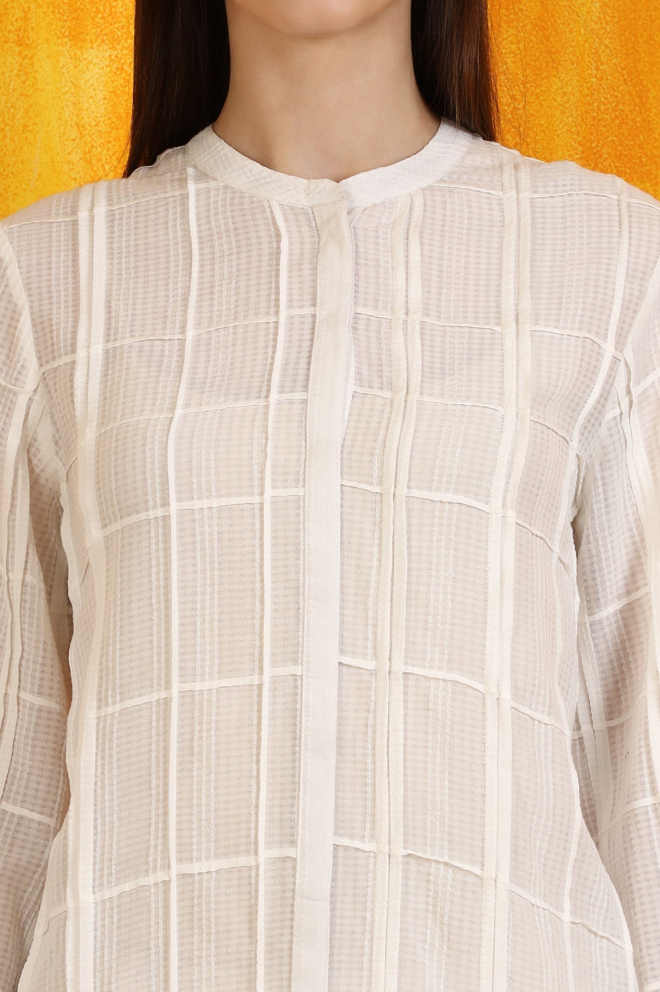 W for Woman White Cotton Dobby Textured Top with Pleats