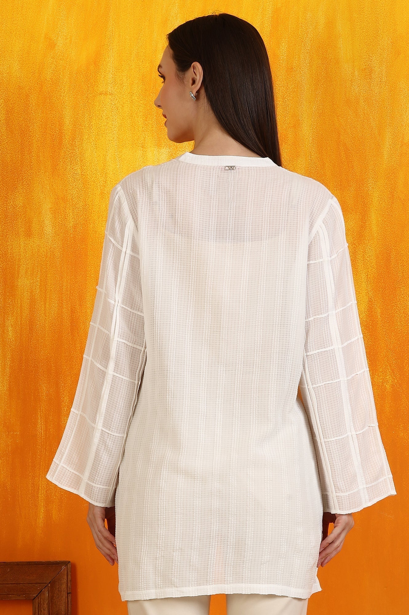 W for Woman White Cotton Dobby Textured Top with Pleats