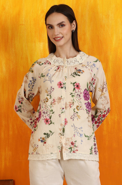 W for Woman Off-White Floral Printed Cotton Crinkle Top with Lace