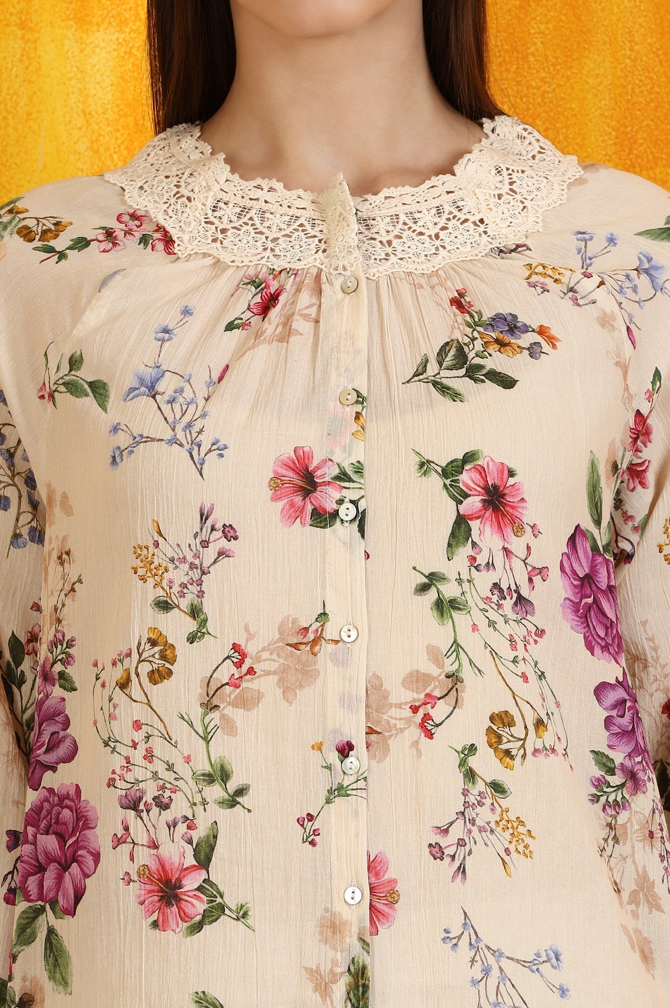 W for Woman Off-White Floral Printed Cotton Crinkle Top with Lace
