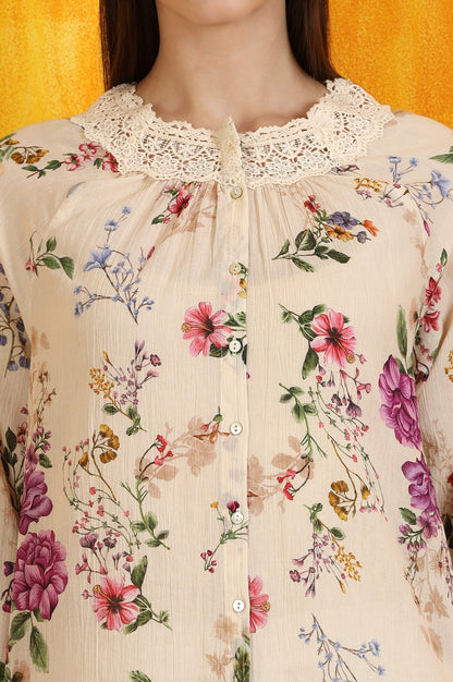 W for Woman Off-White Floral Printed Cotton Crinkle Top with Lace
