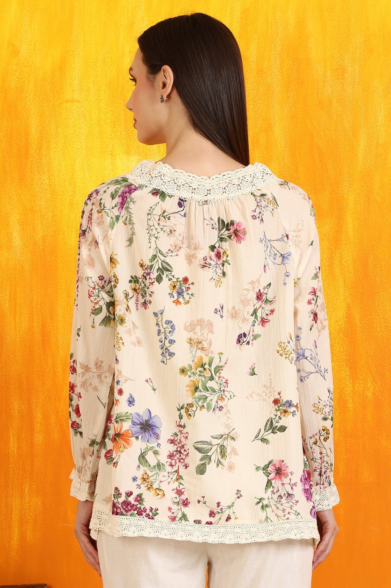 W for Woman Off-White Floral Printed Cotton Crinkle Top with Lace